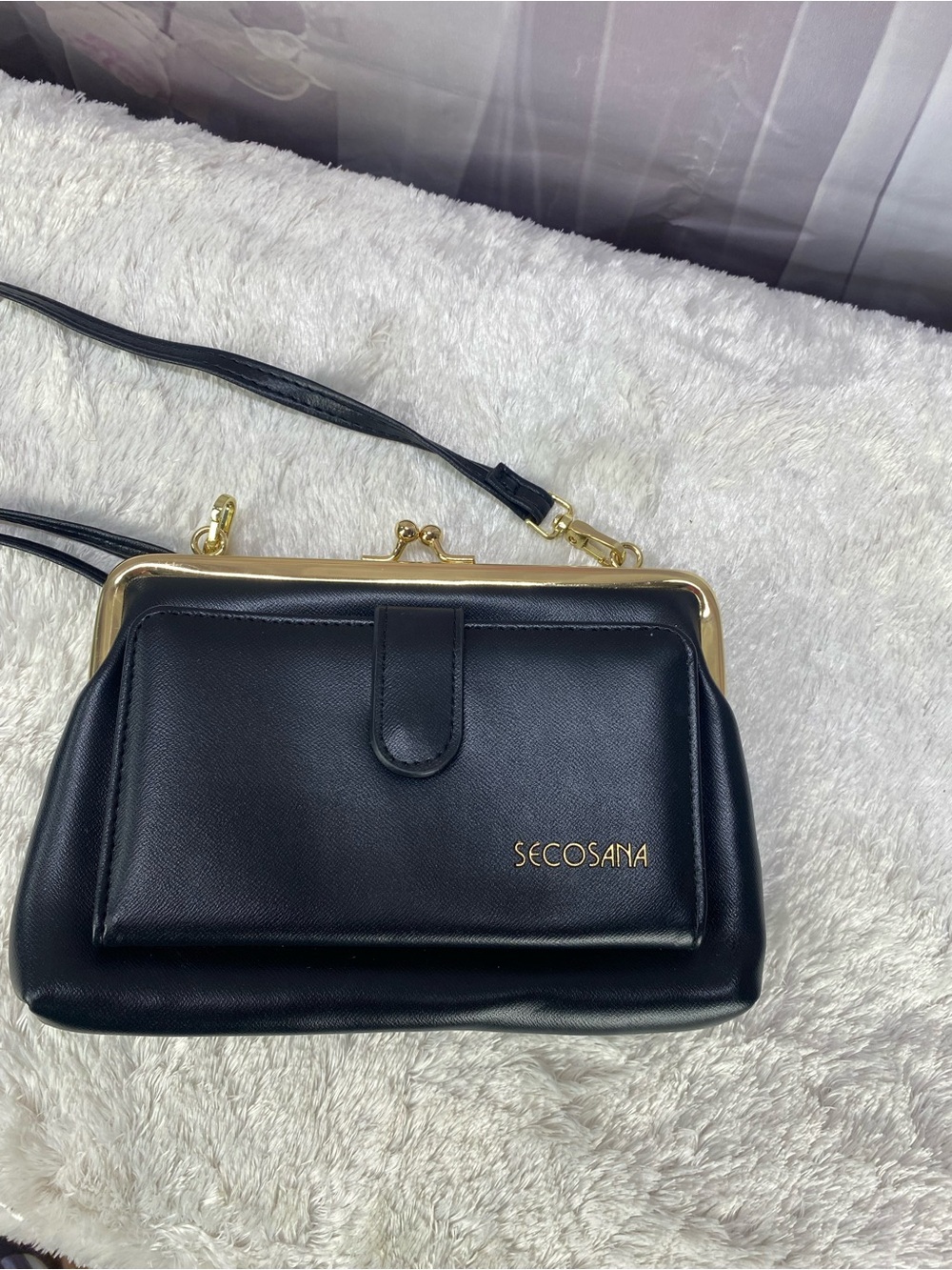 SECO SANA Black Leather Crossbody Bag with Gold Frame